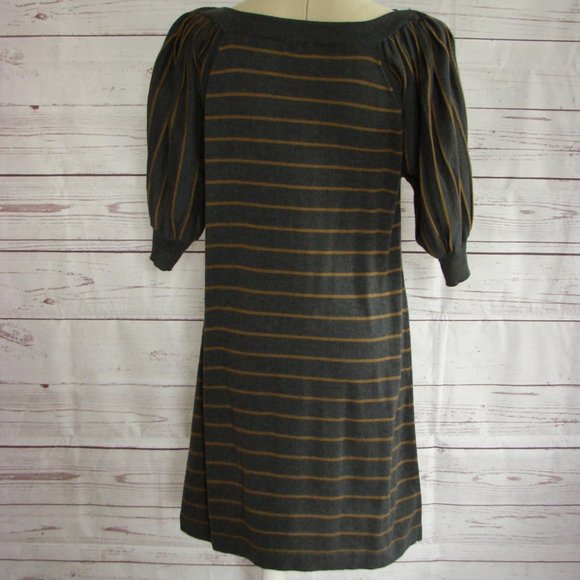 Gray Caramel Stripe Pleated Sleeve Sweater Dress L - Picture 3 of 16